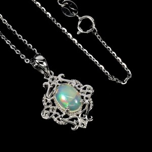 Srebrny 925 naszyjnik piękny elegancki naturalny ognisty opal białe topazy