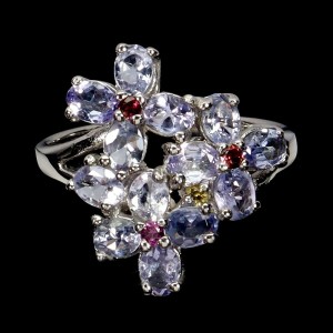 Pierścionek srebrny naturalne rodolity granaty tanzanity kwiat r 17