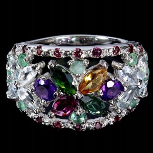 925 Pierścionek naturalne granaty szmaragdy akwamaryny turmaliny r 20