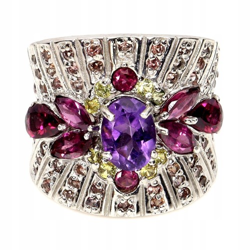 Pierścionek zjawiskowy naturalne granaty ametyst szafiry Songea r 15