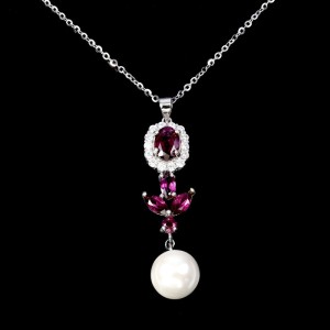 Srebrny naszyjnik delikatny naturalne granaty perła cyrkonie