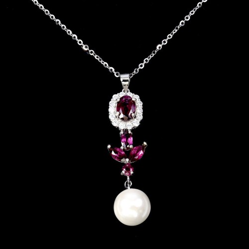 Srebrny naszyjnik delikatny naturalne granaty perła cyrkonie