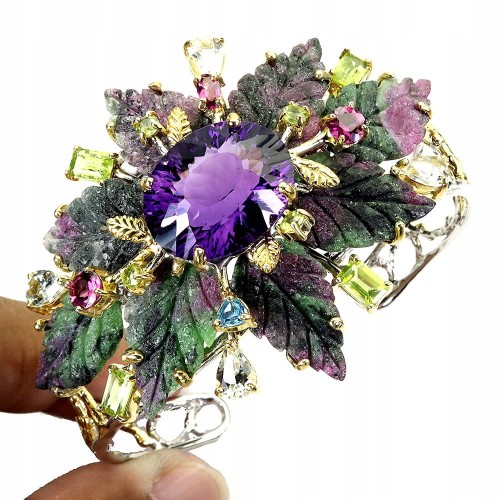 Srebro bransoletka elegancka naturalny ametyst 30ct topaz zoisyt granaty