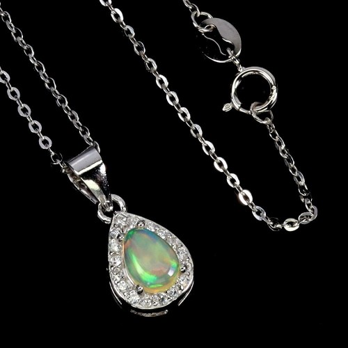 925 Srebrny elegancki naszyjnik delikatny naturalny ognisty opal cyrkonie