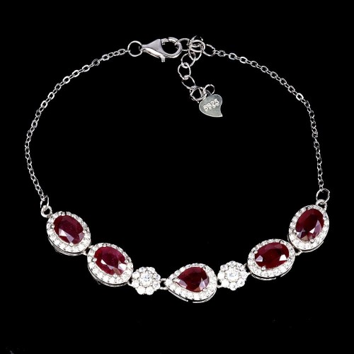 Delikatna elegancka srebrna bransoletka 925 naturalne rubiny cyrkonie