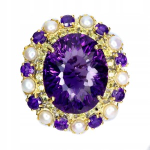 Zjawiskowy pierścionek natural ogromny 42ct ametyst perły szafiry r 20 925