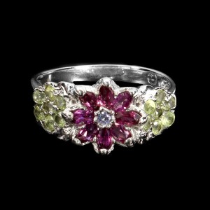 925 Delikatny srebrny pierścionek naturalne granaty oliwiny kwiat r 19