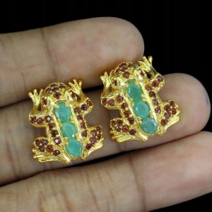 Srebrne zjawiskowe kolczyki naturalne szmaragdy rubiny granaty żaby 3