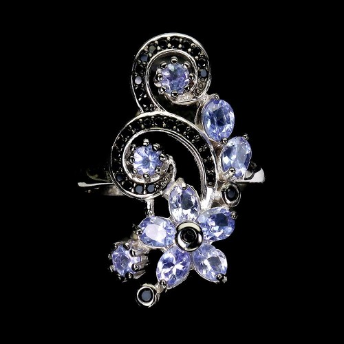 925 Pierścionek elegancki naturalne tanzanity czarne spinele r 14