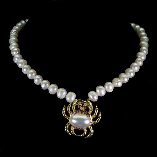 Zjawiskowy naszyjnik krab naturalne rubiny perły srebro 925