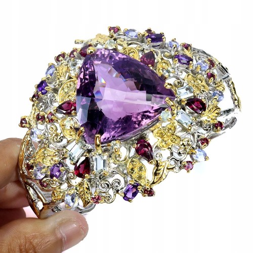 Srebrna zjawiskowa bransoletka naturalny 70ct ametyst akwamaryny tanzanity