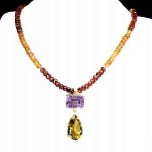 Piękny naszyjnik zjawiskowy naturalny ametyst cytryn hessonity srebro 925