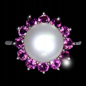 Pierścionek elegancki naturalne granaty perła srebro 925 r 19