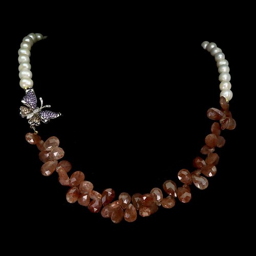 Zjawiskowy naszyjnik naturalne perły kamień słoneczny motyl srebro 925