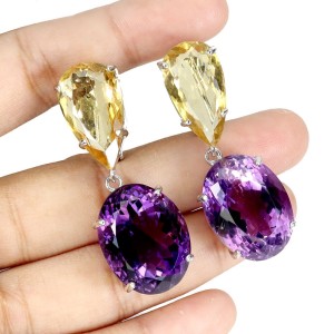 925 Zjawiskowe srebrne kolczyki naturalne okazałe ametysty cytryny 70ct 2