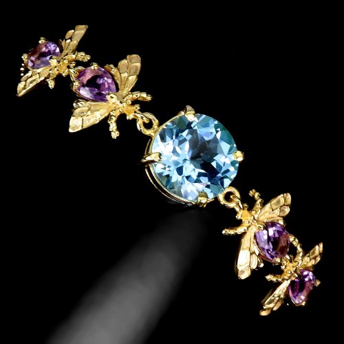 Bransoletka zjawiskowa 925 naturalny topaz sky blue ametysty pszczoła