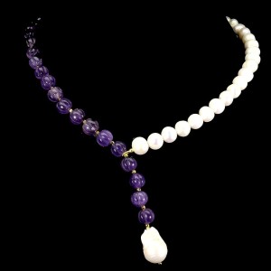 Zjawiskowy elegancki naszyjnik naturalne perły ametysty srebro 925
