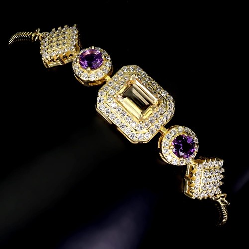 Delikatna bransoletka srebrna naturalny cytryn ametysty cyrkonie 925