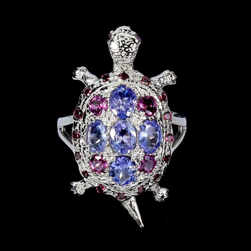 Pierścionek srebrny uroczy żółw naturalne rodolity granaty tanzanity r 16.5