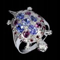 Pierścionek srebrny uroczy żółw naturalne rodolity granaty tanzanity r 16.5