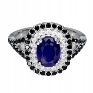 925 Srebrny pierścionek naturalny szafir niebieski czarne spinele r 17