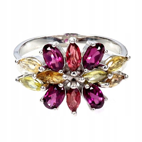 925 Pierścionek srebrny elegancki r 16 naturalne granaty turmaliny