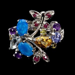 Srebrny elegancki pierścionek naturalne niebieskie opale cytryn rubiny r 14