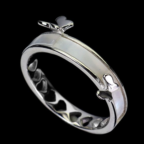 Pierścionek r 14 srebrny obrączka delikatny naturalna masa perłowa motyl