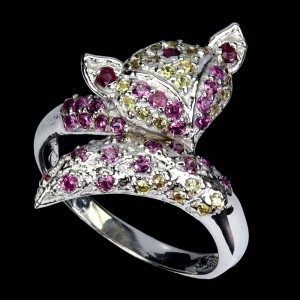 Pierścionek srebrny r 19 naturalne granaty szafiry Songea lis