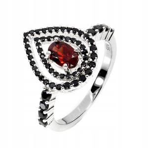 Pierścionek elegancki srebro 925 naturalny granat czarne spinele r 14