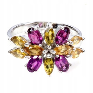 925 Pierścionek srebrny elegancki r 13.5 naturalne granaty turmaliny