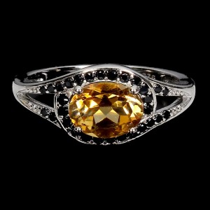 925 Pierścionek r 14 srebrny delikatny cytryn czarne spinele naturalne