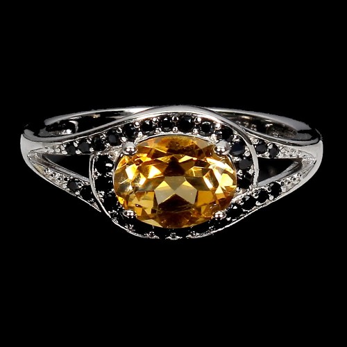 925 Pierścionek r 14 srebrny delikatny cytryn czarne spinele naturalne