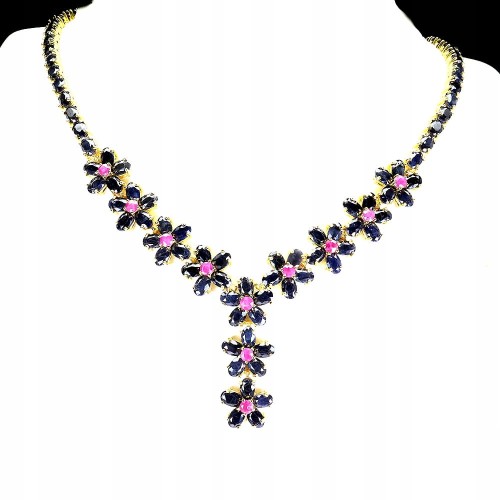 925 Srebrny zjawiskowy naszyjnik naturalne niebieskie szafiry rubiny kwiat