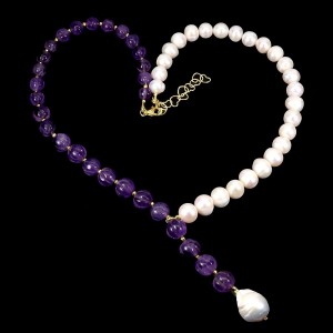 Elegancki zjawiskowy naszyjnik naturalne perły ametysty 925 srebro