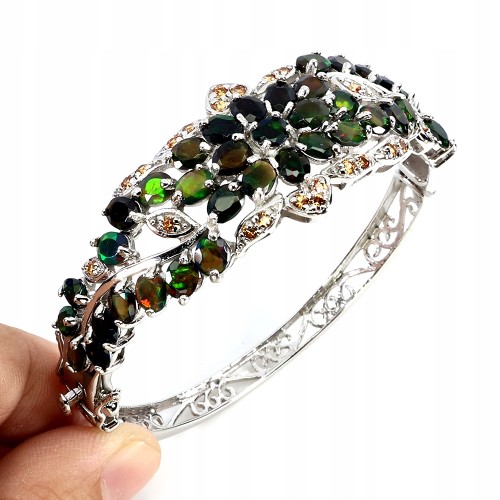 Srebrna bransoletka naturalne szafiry Songea czarne opale zjawiskowa 925