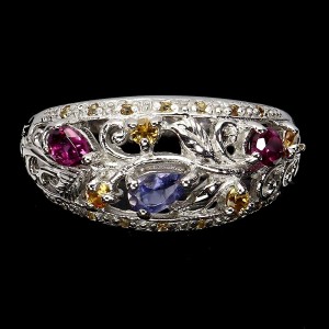 Pierścionek srebrny naturalne rodolity granaty tanzanit szafiry Songea r 17