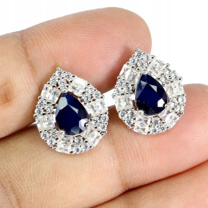 Kolczyki srebrne eleganckie naturalne niebieskie szafiry cyrkonie 1