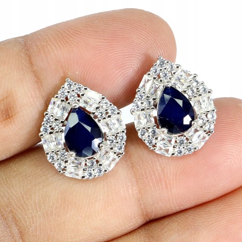 Kolczyki srebrne eleganckie naturalne niebieskie szafiry cyrkonie 1