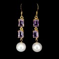 925 Srebrne wiszące kolczyki naturalne ametysty perły zjawiskowe 1