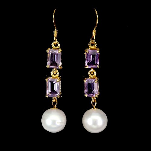 925 Srebrne wiszące kolczyki naturalne ametysty perły zjawiskowe 1