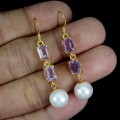 925 Srebrne wiszące kolczyki naturalne ametysty perły zjawiskowe 1
