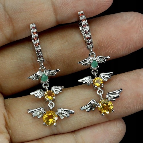 Srebrne eleganckie kolczyki naturalne szmaragdy cytryny szafiry Songea 1