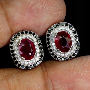 Kolczyki srebrne 1 eleganckie naturalne czarne spinele rubiny cyrkonie