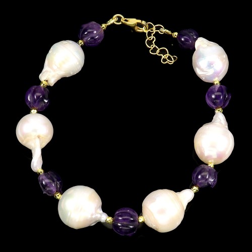 Elegancka bransoletka srebrna naturalne ametysty perły 925