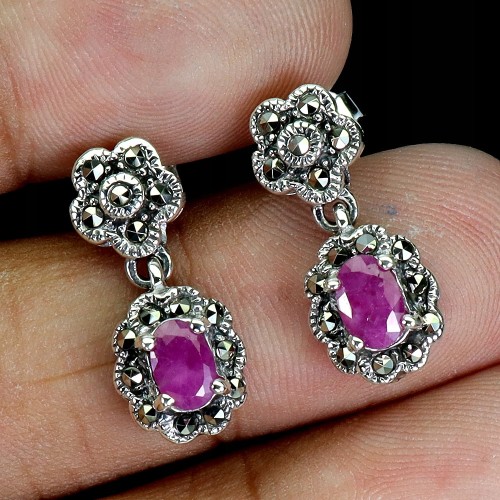 1 Srebrne eleganckie kolczyki naturalne rubiny markazyty 925