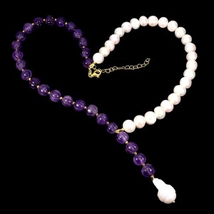 Zjawiskowy elegancki naszyjnik naturalne perły ametysty 925 srebro