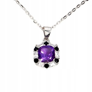 Elegancki delikatny naszyjnik srebrny naturalny ametyst czarne spinele 925