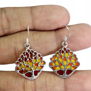 Srebrne 925 kolczyki pomarańczowe emaliowane drzewo 1