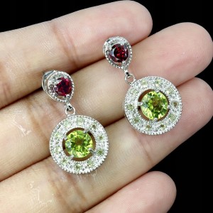 925 Kolczyki eleganckie srebrne piękne naturalne granaty oliwiny 1